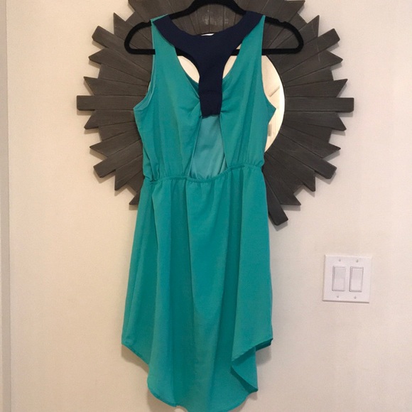 Hi-low teal dress with back cutout and navy accent - Picture 3 of 3